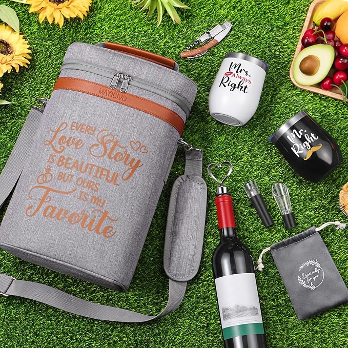 Anniversary Engagement Gifts for Men Women, Mr and Mrs Wine Tumblers Gifts - Funny Wedding Gifts for Couple, Bridal Shower, Newlywed - Insulated Wine Cooler Tote Bag with Glasses and Wine Accessories