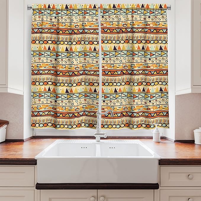 Ambesonne Prehistoric Kitchen Curtains, Mexican Style Doodles with Triangles Circles Folkloric Geometric Tribal, Window Drapes 2 Panel Set for Kitchen Cafe Decor, 55" x 39", Pastel Yellow