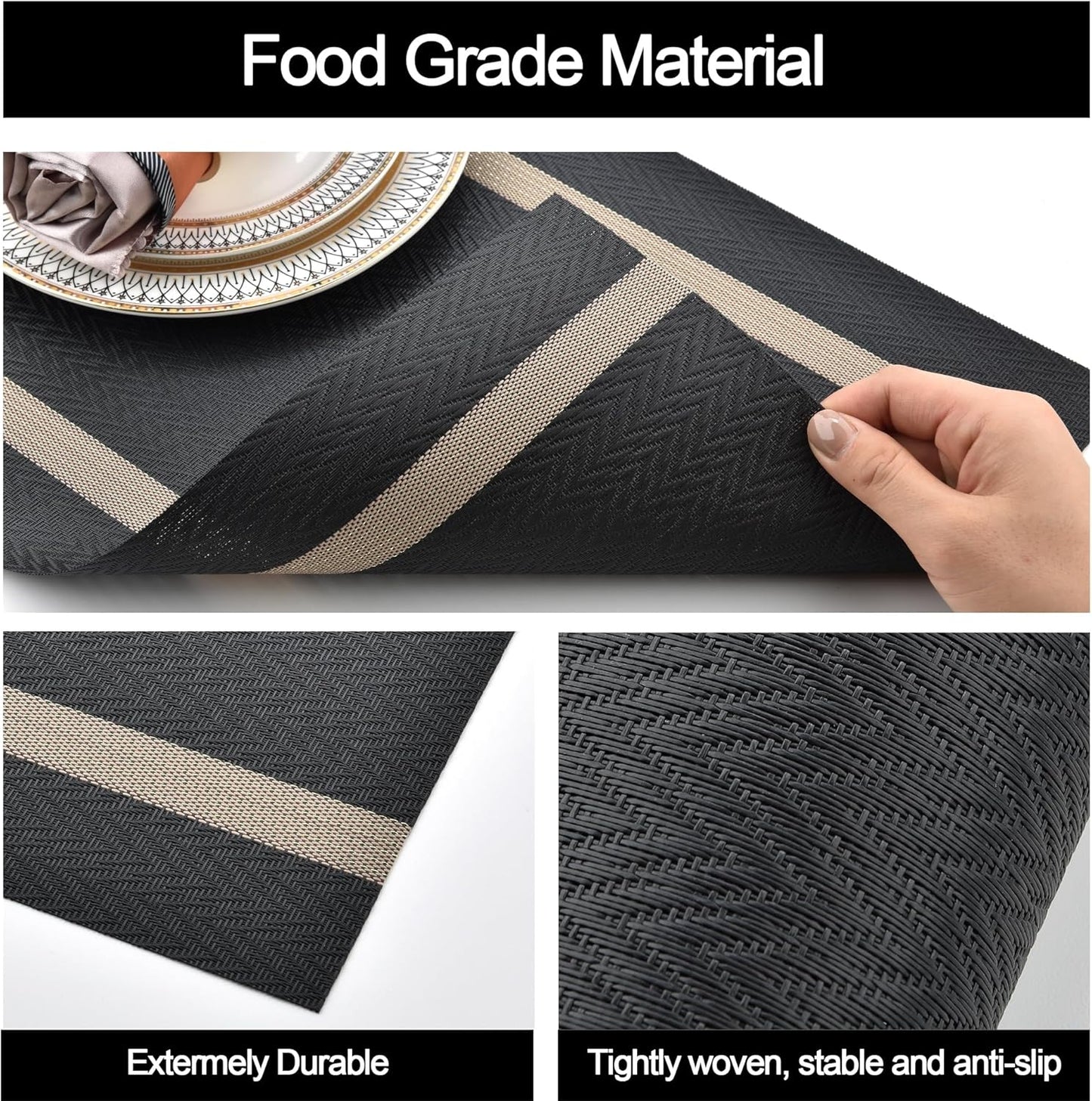 Black Placemats Set of 4 - Easy Clean Modern Durable Washable Vinyl Place Mats - Heat Resistant Placemats for Kitchen Table - PVC Table Mats for Dining Table (Black with Stripes, 4)