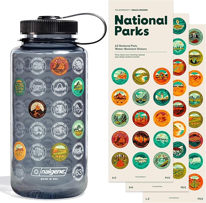 National Parks Plastic Water Bottle with Stickers Kit, Light Weight Adventure Bottle, Waterproof Stickers for Water Bottle, Wide Mouth Lid Bottle 32oz