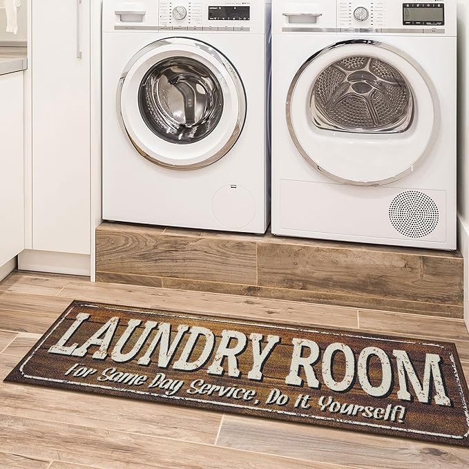 Ottomanson Laundry Collection Non-Slip Rubberback Text Design 2x5 Laundry Room Runner Rug, 20" x 59", Brown