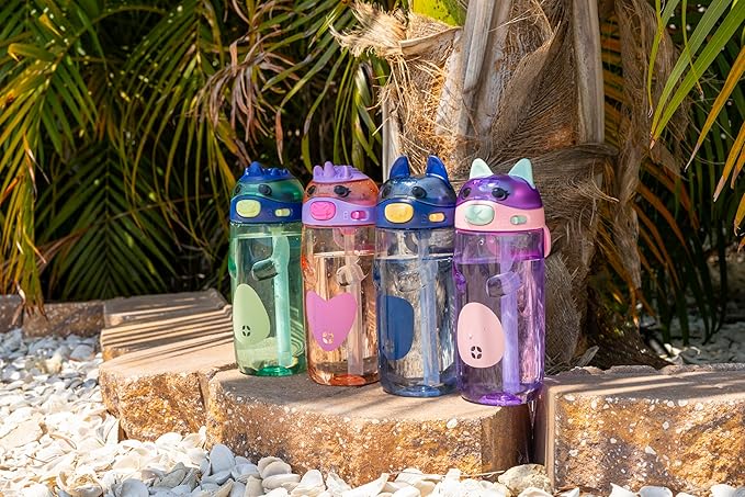 Ello Ellies 16oz Plastic Kids Water Bottle with Straw and Built-in Carrying Handle and Leak-Proof Locking Lid for School backpack, Lunchbox and Outdoor Sports