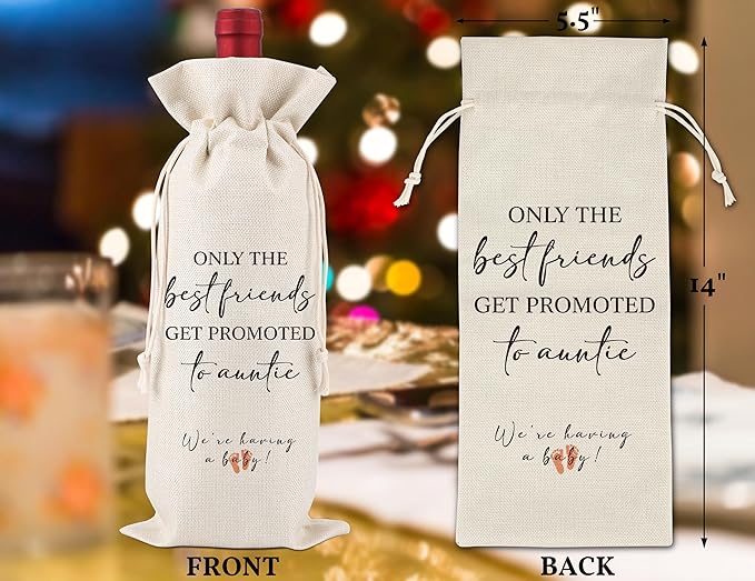 Only The Best friends Get Promoted To Auntie,Pregnancy Announcement Wine Label,New Aunt Gifts,Baby Announcement to Friends,Pregnancy Reveal,Gifts for aunts, uncles,1 Drawstring Gift Wine Bag,Q23