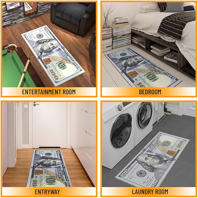 Machine Washable $100 Bill Design Non-Slip Rubberback 22x53 Modern Runner Rug for Hallway, Kitchen, Bedroom, 22" x 53", Multicolor
