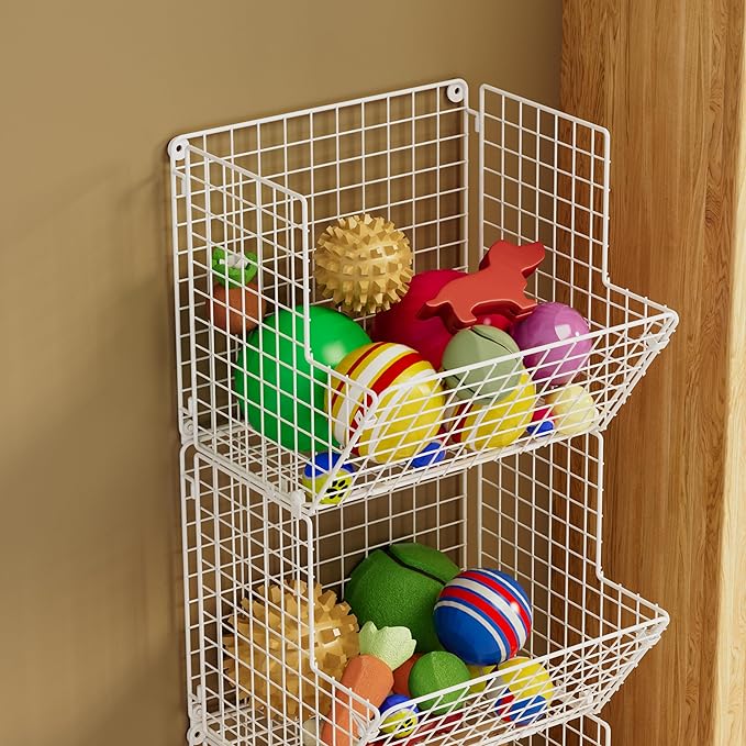 Sonyabecca Toy Organizer Basket Shelf with Wheel, S-Hooks, Rolling Cart Hanging Storage Baskets for Child Room, Playroom, Bedroom, Kitchen (White)