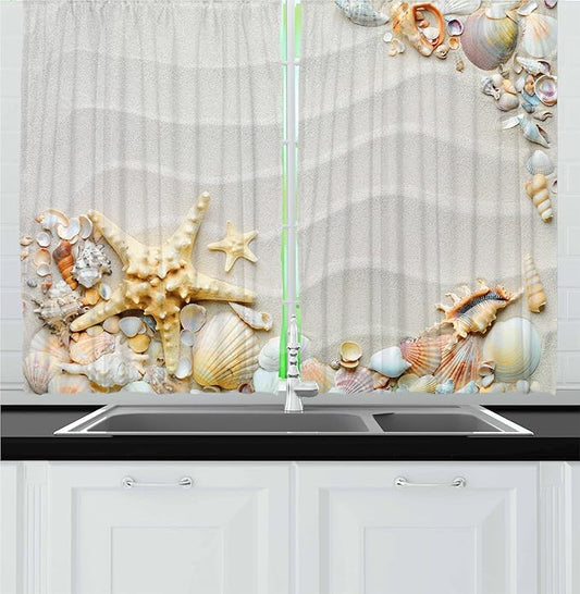Ambesonne Starfish Kitchen Curtains, Seacoast with Sand with Colorful Various Seashells Tropics Aquatic Wildlife Theme, Window Drapes 2 Panel Set for Kitchen Cafe Decor, 55" x 36", White Coral