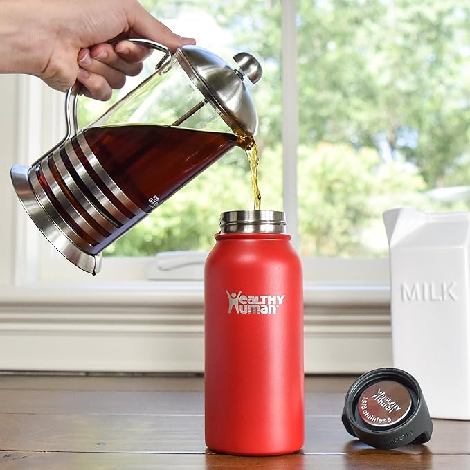 Healthy Human Stainless Steel Water Bottle | Double Walled Vacuum Insulated Water Thermos for Adults | Eco-Friendly Travel Bottles with Leak Proof Lid (Red Hot, 16 oz/ 473 ML)