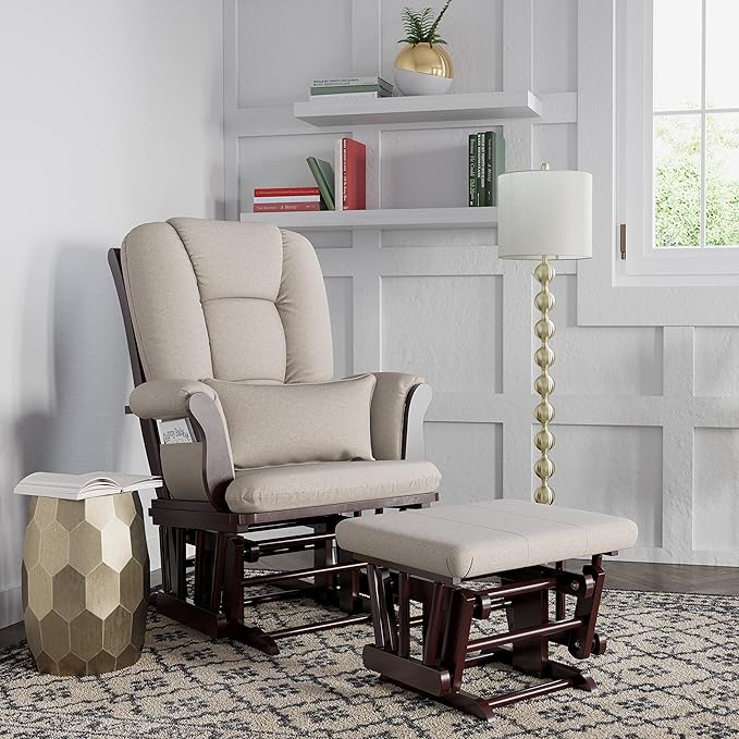 Storkcraft Tuscany Custom Glider and Ottoman with Free Lumbar Pillow (Espresso/Taupe Swirl) - Cleanable Upholstered Comfort Rocking Nursery Chair with Ottoman