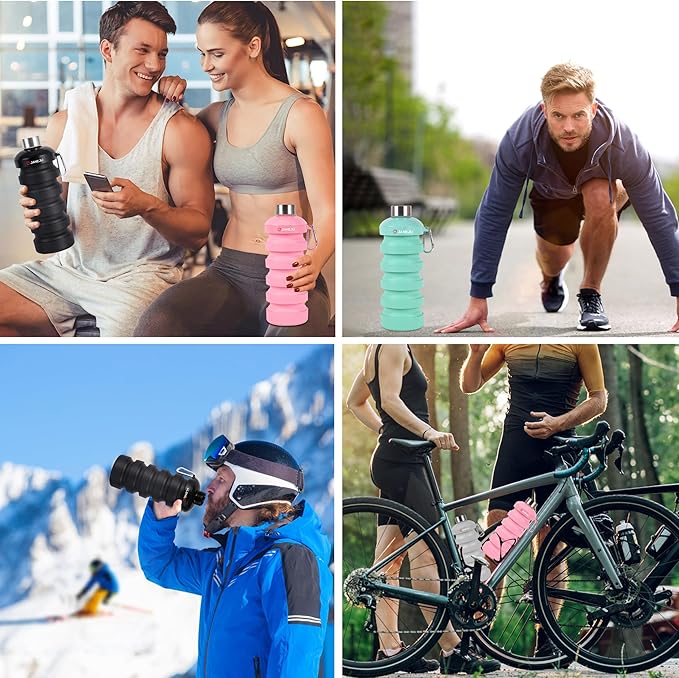 JaneJu Collapsible Water Bottle, 32oz BPA Free Silicone Reusable Portable Lightweight Foldable Water Bottles with Carabiner, Leak Proof Sports Water Bottle with Stainless Twist Cap (Pink)