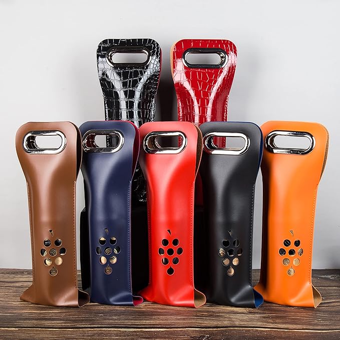 Leather Wine Bag with Handles Reusable Wine Carrier Bag Carrier Tote PU Leather Wine Gift Bag for Party Picnic Travel for Wine Lover Color Red with Pattern 1 Bottle