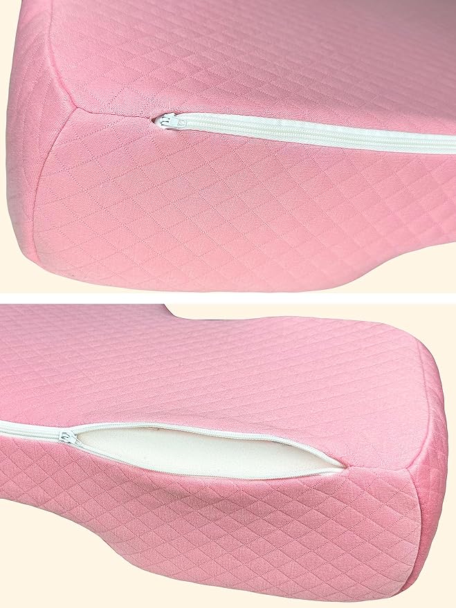 Pillow for Eyelash Extensions - Curved Memory Foam Lash Bed Pillow with Neck and Back Support, Perfect Pillow for Eyelash Extensions, Two Pockets for Tools On The Sides of Pillow (Pink)