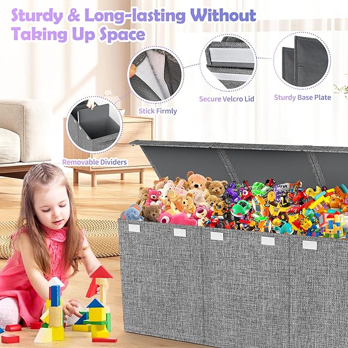 Extra Large Toy Box, Collapsible Sturdy Kids Toy Chest for Boys, Girls, Kids, 41"x14"x16"Toy Storage Organizer Toddler Storage Bins with Lids, Toy Box basket for Living Room, Bedroom, Nursery, Gray