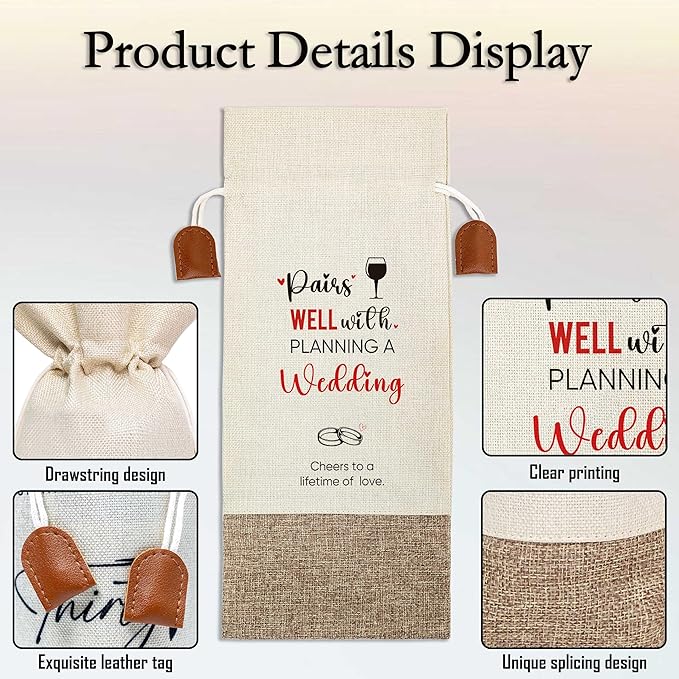 Wedding Wine Bag, Engagement Gifts for Couples, Cotton Linen Wine Gift Bag With Drawstring, Mr and Mrs Marriage Wedding Gifts, Bridal Shower Gift for Women Besties Friends, Bachelorette Party-25