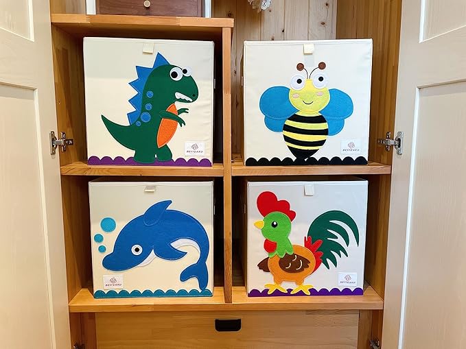 Foldable Animal Cube Storage Bins,Washable Toy Storage Organizer Boxes Bins Baskets for Kids,Boys,Girls,Nursery,Playroom,Storage Chest with Handle & Upgrade PP Partition,13 inch