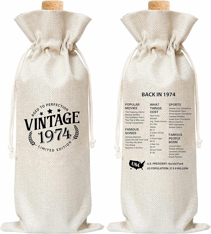 Tedea 50th Birthday Wine Gift Bag, Vintage Back In 1974 Birthday Gift Wine Bag For Women Men, Best Friend, Coworker, Birthday Party Decorations, 1 Pc Wine Bag (G05)