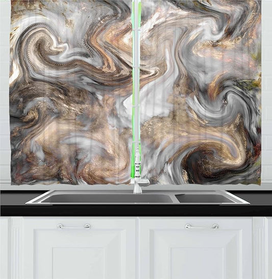 Ambesonne Marble Kitchen Curtains, Retro Style Paintbrush Colors in Marbling Texture Watercolor Artwork, Window Drapes 2 Panel Set for Kitchen Cafe Decor, 55" x 36", Sand Brown