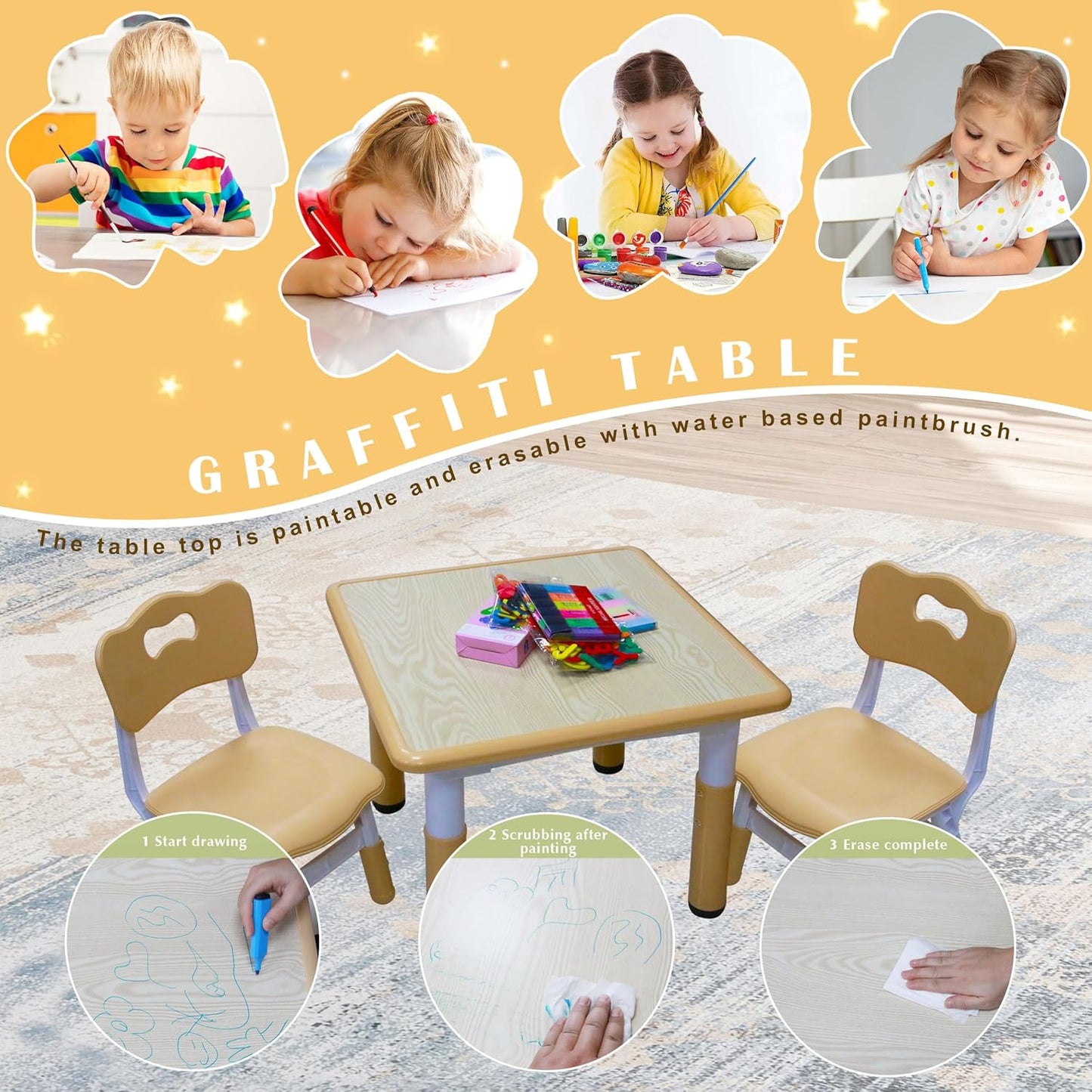 Kids Table and 2 Chairs Set with Graffiti Desktop, Toddler Furniture Set, Non-Slip Table Children Study Desk, Dining Table, Height Adjustable Desk, Painting Desktop for Kids (23.6x23.6Inch)