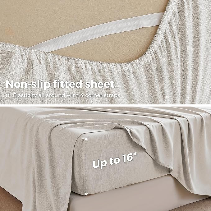 Full Sheets Khaki, Ultral Soft Cationic Linen Look Sheets, Luxury Cooling Cozy Bed Sheet Set with Non-Slip Fitted Sheet