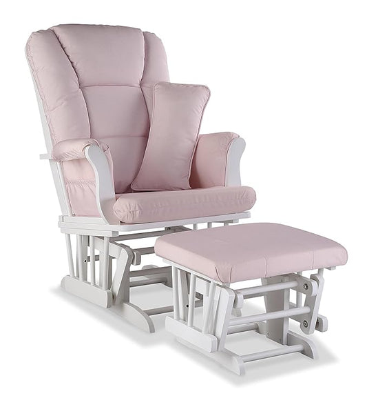 Storkcraft Tuscany Custom Glider and Ottoman with Free Lumbar Pillow (White/Pink Blush Swirl) - Cleanable Upholstered Comfort Rocking Nursery Chair with Ottoman