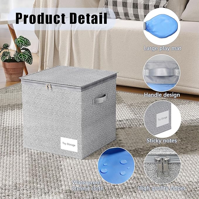 Toy Storage Organizer and Play Mat - Stackable and Foldable Cube Toy Organizers and Storage Bins for Boys and Girls 13"x13"x13" (Warm Grayish Beige)