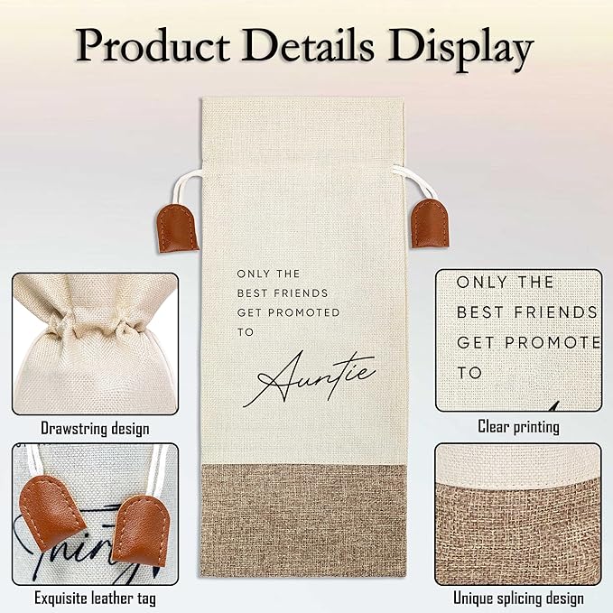 Pairs Well With Becoming Auntie Wine Bag, Wine Champagne Bottle Gift Bag, Cotton Linen Wine Gift Bag With Drawstring, Gift for Pregnancy Announcement, New Aunt Uncle for Baby Announcement-2