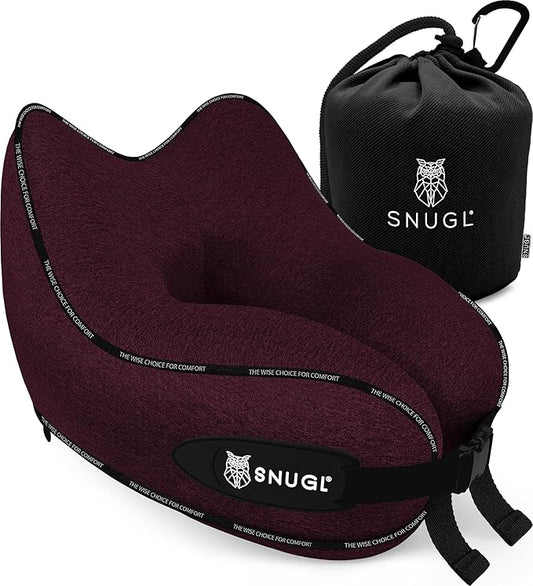 SNUGL Neck Travel Pillow - Memory Foam Airplane Pillow - Flight Pillow | Neck Support Travel Pillow with Carry Bag & Clip | Neck Pillows for Sleeping Travel Plane | Flying Travel Essentials - Dark Red