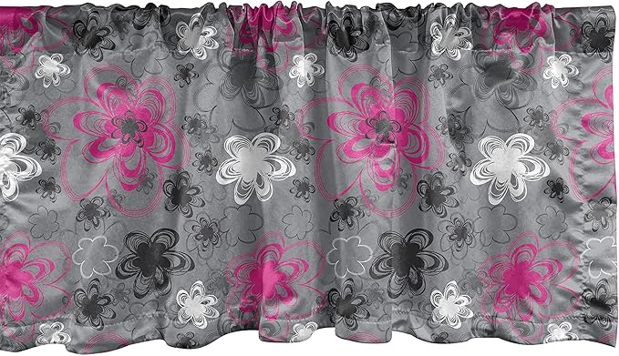 Ambesonne Vintage Floral Window Valance, Vibrant Colored Free Hand Drawing Style Blossoms Antique Retro, Curtain Valance for Kitchen Bedroom Decor with Rod Pocket, 54" X 18", Pink Black