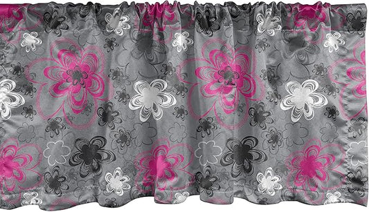 Ambesonne Vintage Floral Window Valance, Vibrant Colored Free Hand Drawing Style Blossoms Antique Retro, Curtain Valance for Kitchen Bedroom Decor with Rod Pocket, 54" X 12", Pink Black