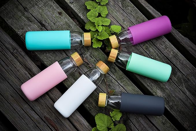 veegoal Glass Water Bottles 18 Oz Borosilicate with Bamboo Lid, BPA-FREE, Non-Slip Silicone Sleeve, and Stainless Steel Leak Proof Lid - Glass Water Bottle for Men and Women