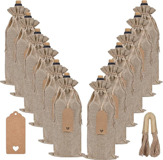 EVRWO Burlap Wine Bags 12 Pcs Wine Bottle Gift Bags Reusable Gift Bags With Drawstrings Tags & Ropes for Holiday Weedings Party, Birthdays, Travel, Blind Tastings, Home Storage 750ml (Natural)