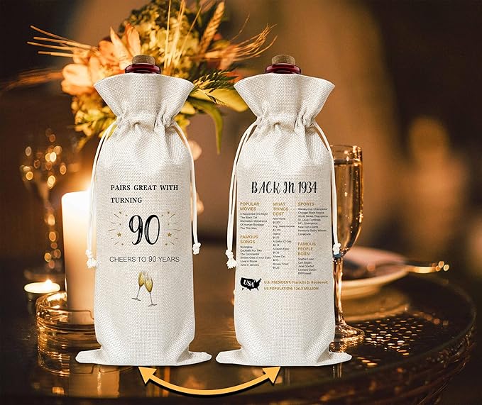 90th Birthday Wine Gift Bag, Cotton Burlap Wine Bags, 1934 Wine Bottle Cover Bag Birthday Gifts for Women, Men, Friends, Co-workers, Teachers, Grandpa, Grandma(01)