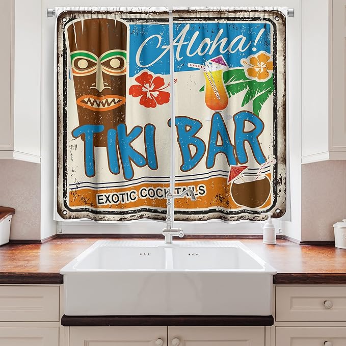 Ambesonne Tiki Bar Kitchen Curtains, Rusty Vintage Sign Aloha Exotic Cocktails and Coconut Drink Antique Nostalgic, Window Drapes 2 Panel Set for Kitchen Cafe Decor, 55" x 39", Blue Brown