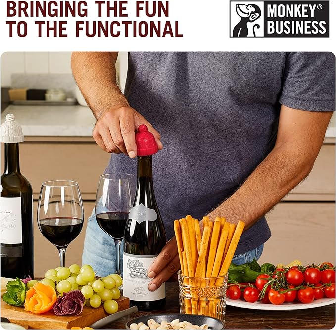 Beanie Cap Decorative Silicone Bottle Stopper in a Gift Box, Set of Two, Novelty Cork, Beverage and Wine Keeper, Champagne Bottle stoppers (Red & Grey)