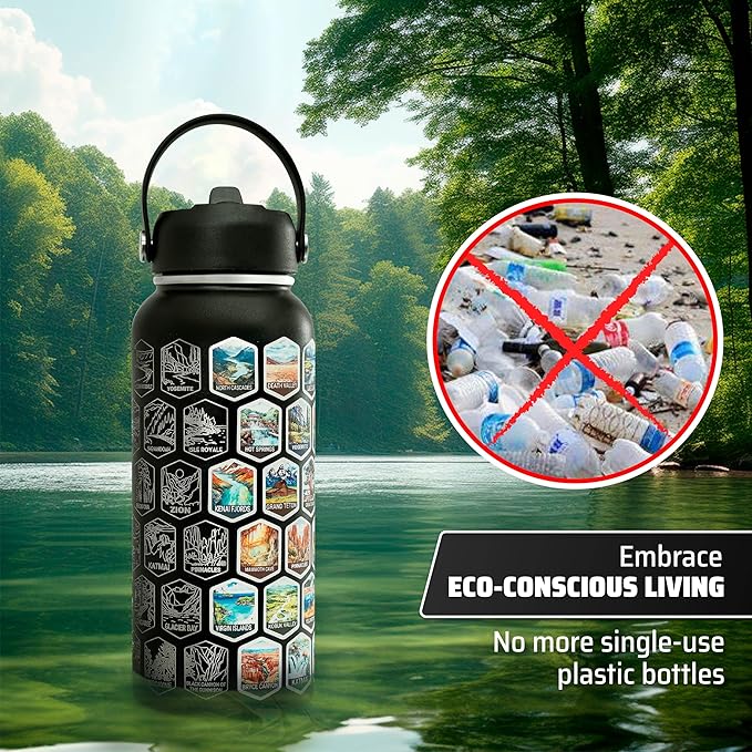 National Parks Water Bottle - Engraved Parks of the USA Bucket List Water Bottle - 63 National Park Stickers, Straw, Cleaning Set - Vacuum Sealed Stainless Steel Water Bottle - 32oz (Black)