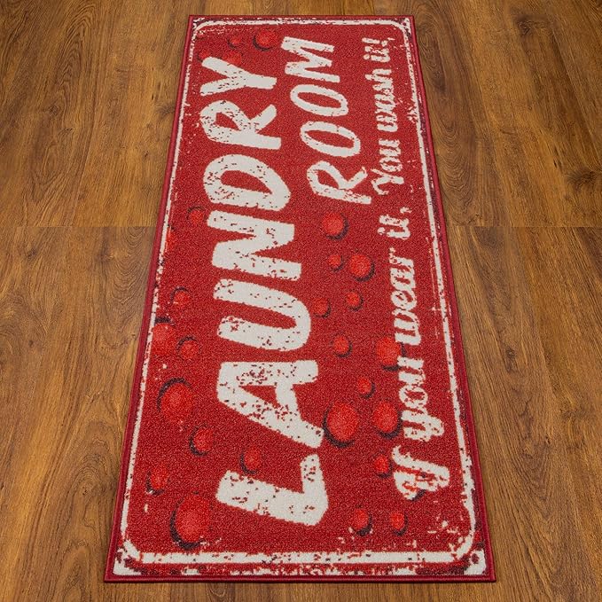 Ottomanson Laundry Collection Non-Slip Rubberback Laundry Text Design 2x5 Laundry Room Runner Rug, 20" x 59", Red