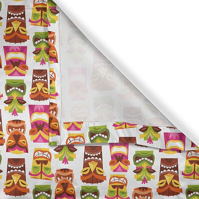 Ambesonne Tiki Bar Valance & Tier Curtain 3 pcs Set, Sixties Retro Inspired Hawaiian Party Happy Tiki Pattern Colorful, Window Treatments for Kitchen Room Decor, 55" x 24", White Brown