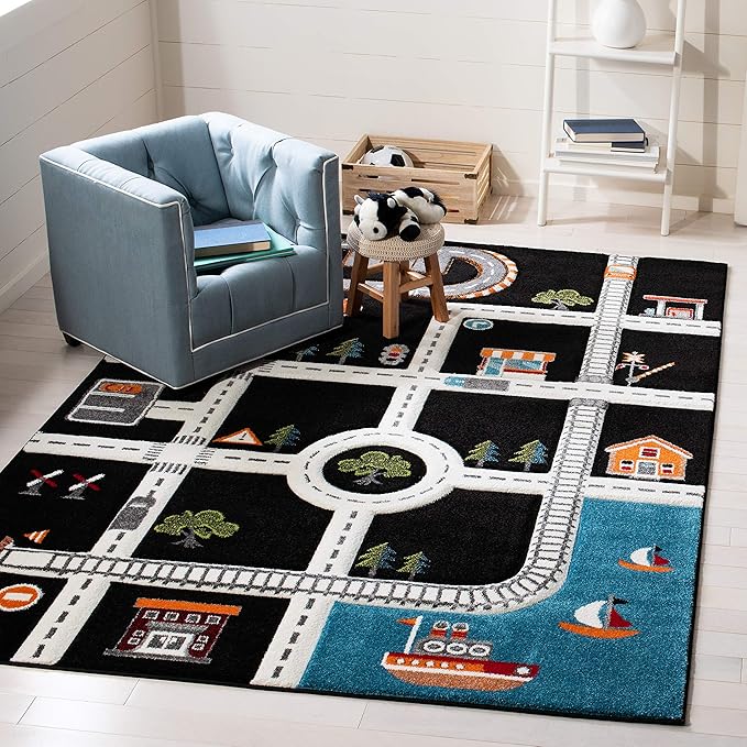 Safavieh Carousel Kids Collection 5'3" Square Black/Ivory CRK192Z Neighborhood Non-Shedding Nursery Playroom Area Rug