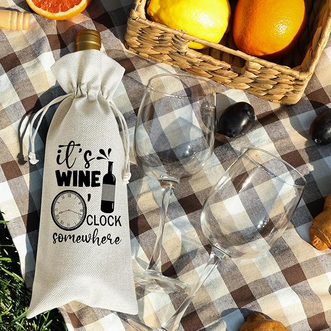 It's Wine O'clock - Wine Canvas Bag, Funny Wine Gift Bag, Birthday Gifts for Women Friend Wine Lover Gifts, Wine Bags for Wine Bottles Gifts, Wine Gifts With Drawstring Holiday Party Decoration -WB28