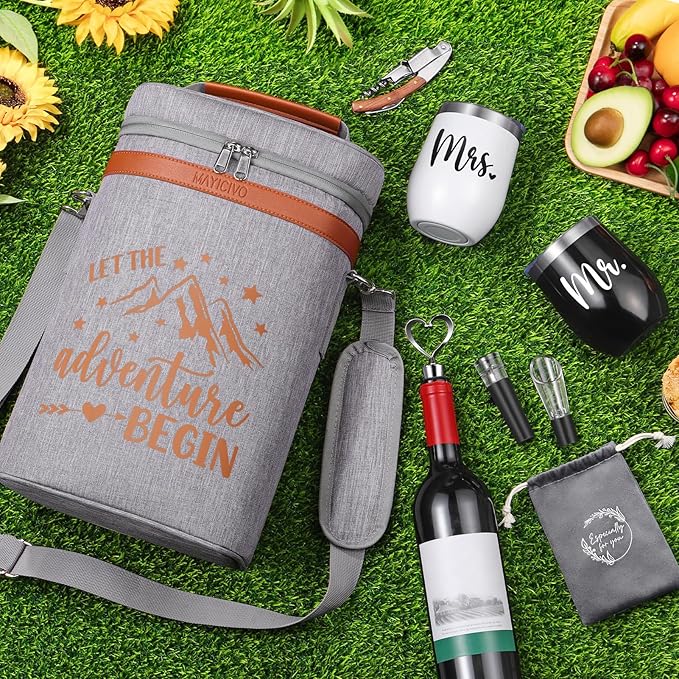 Wedding Gifts for Couples, Mr and Mrs Wine Tumblers Gifts - Engagement, Bridal Shower, Newlywed, His and Hers, House Warming -Insulated Wine Cooler Tote Bag with Glasses and Wine Accessories Gifts Set