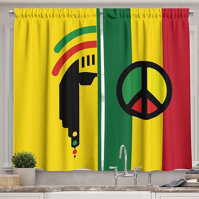 Ambesonne Rasta Kitchen Curtains, Iconic Barret Reggae and Jamaican Music Culture with Peace and Borders, Window Drapes 2 Panel Set for Kitchen Cafe Decor, 55" x 39", Green Red