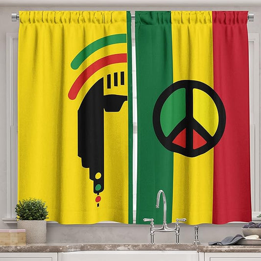 Ambesonne Rasta Kitchen Curtains, Iconic Barret Reggae and Jamaican Music Culture with Peace and Borders, Window Drapes 2 Panel Set for Kitchen Cafe Decor, 55" x 39", Green Red