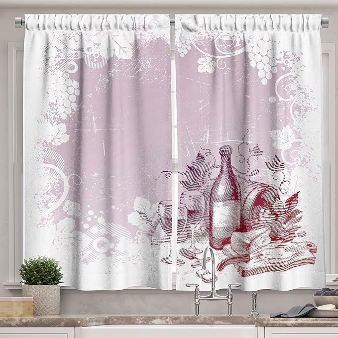 Ambesonne Wine Kitchen Curtains, Grunge Abstract Frame Bunch of Grapes Leaves Country Drinks Food Picnic Concept, Window Drapes 2 Panel Set for Kitchen Cafe Decor, 55" x 39", Lilac White