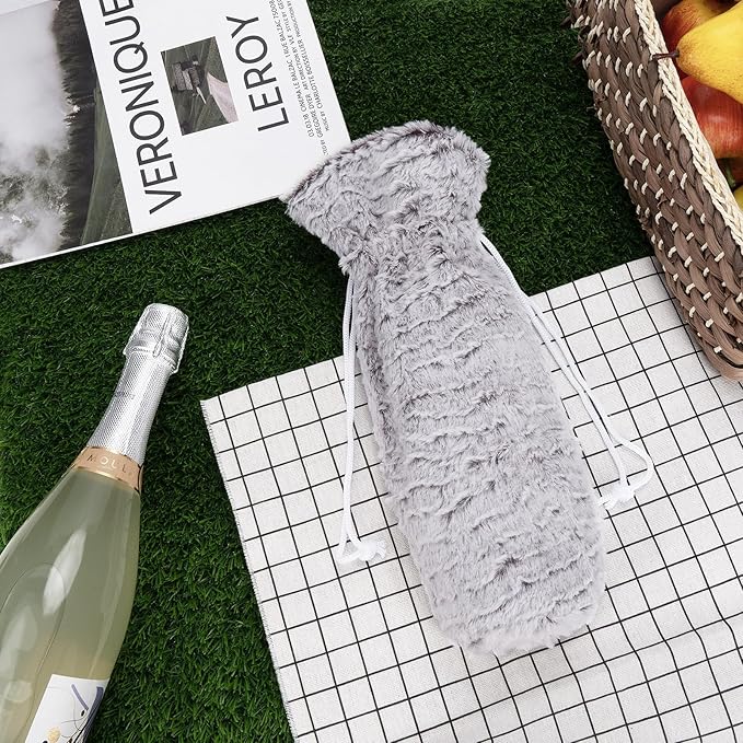 Wine Gift Bags Christmas Champagne Gift Bag for Engagement Wedding Birthday Wine Bottle Cover Decorative Fluffy Plush Drawstring Bag for 750ml Wine Bottles (Gray, 1 Pack)