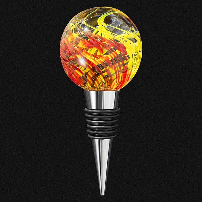 Murano Glass Wine Bottle Stopper with Mid Century Yellow Red Art Glass Ball, Reusable Wine Stoppers for Beverage Wine Saver, Decorative Bottle Stoppers for Gifts, Bar, Party, Wedding, Pack of 1