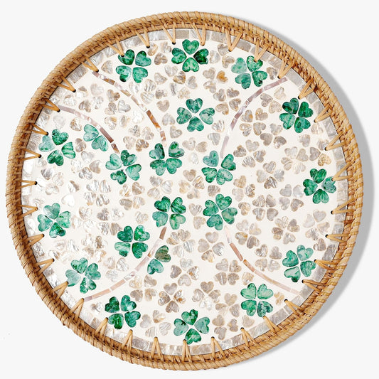 Round Rattan Tray with Mother of Pearl Inlay & Wooden Base - Decorative Wicker Serving Tray for Coffee/Bread/Fruits, Food Storage & Display - Multipurpose Home Decor (M,Four-Leaf Clover)