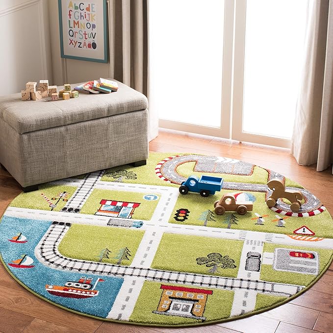 SAFAVIEH Carousel Kids Collection 8' Round Green/Ivory CRK192Y Neighborhood Road Non-Shedding Playroom Nursery Bedroom Area Rug