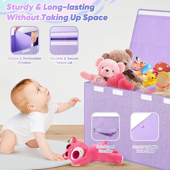 Extra Large Toy Box, Toy Box for Kids Boys Girls, Collapsible Sturdy Toy Storage Organizer with Mesh Pockets, 41"x14"x16" Kids Toy Chest Boxes Bins Baskets for Nursery, Playroom, Purple