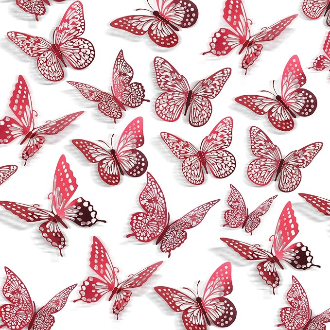 SAOROPEB 3D Butterfly Wall Decor 48 Pcs 4 Styles 3 Sizes, Butterfly Decorations for Butterfly Birthday Decorations Butterfly Party Decorations Cake Decorations, Removable Stickers (Blood Red)