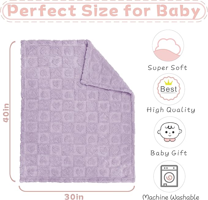 Fleece Baby Blanket Heart Checkered Blanket, Ultra Soft Cozy Baby Blankets for Girls Boys, Fluffy Infant Toddler Newborn Receiving Blankets for Crib Stroller 30”×40” (Purple)
