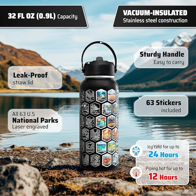 National Parks Water Bottle - Engraved Parks of the USA Bucket List Water Bottle - 63 National Park Stickers, Straw, Cleaning Set - Vacuum Sealed Stainless Steel Water Bottle - 32oz (Black)